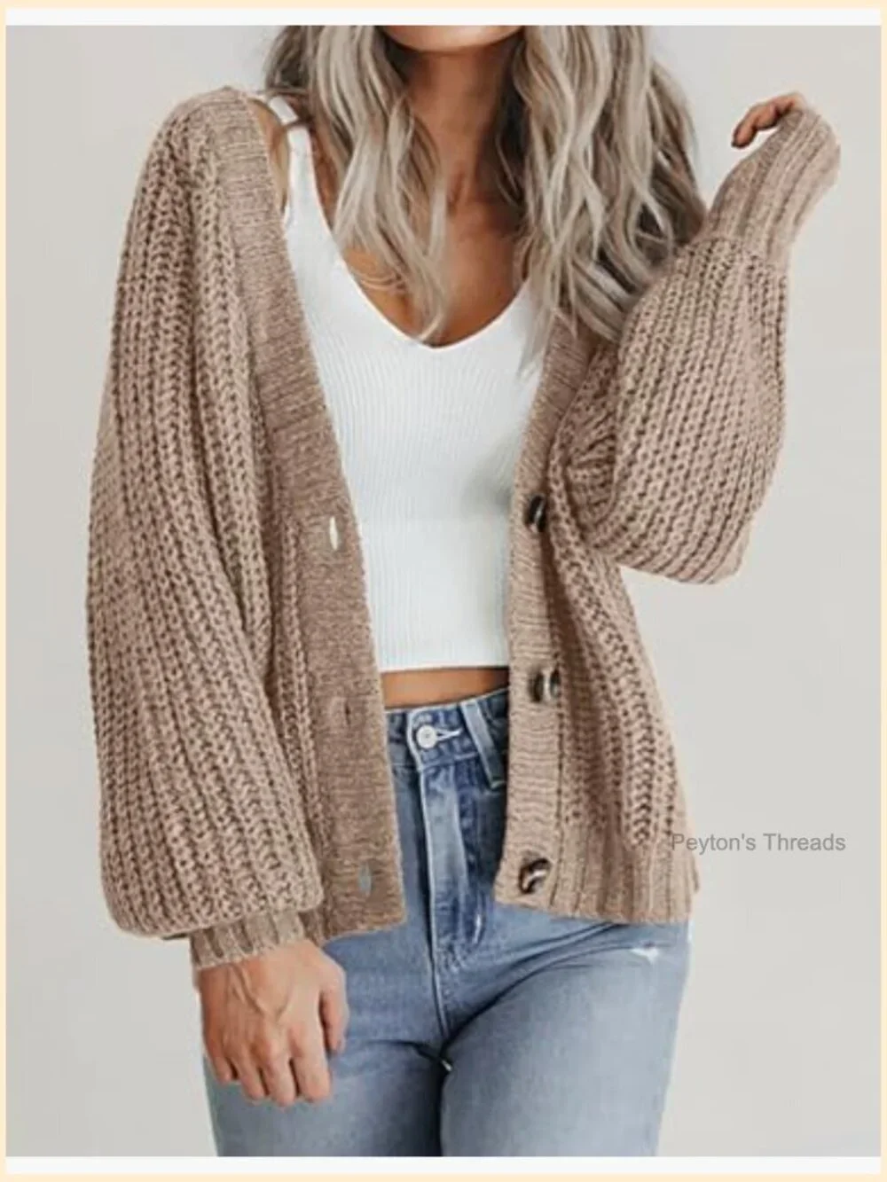 Chunky Knit Cardigan Open Front V Neck Button Sweater
